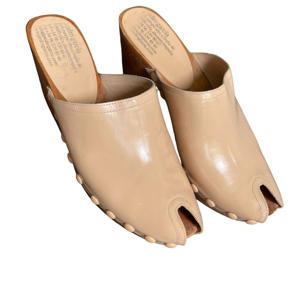 Pedro Garcia Clog Wood Platform Wedge Peep Toe Tan Slip On Size 38 - Picture 8 of 8